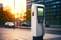 Fast charging stations for electric vehicles on a city street. Charging station for cars with illumination. Available charging for