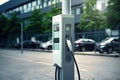 Fast charging stations for electric vehicles on a city street. Charging station for cars with illumination. Available charging for