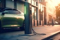 Fast charging stations for electric vehicles on a city street. Charging station for cars with illumination. Available charging for