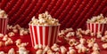 popcorn tasty blue background box corn red cinema film bucket food. Generative AI.