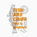 Fast and Delicious Fish and Chips. Abstract Vector Sign, Symbol or Logo Template. Hand Drawn Cod Fish and Potato Fries Royalty Free Stock Photo