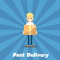 Fast delivery banner. Postman with cardboard box