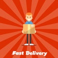 Fast delivery banner. Postman with cardboard box