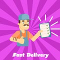 Fast delivery banner. Postman with clipboard