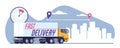 Fast delivery. Cargo truck transportation. Quickly goods shipping. Transport route. Freight logistics. City auto traffic