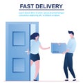 Fast delivery concept. Beauty woman opened the door to the courier. Deliveryman holding box in hands