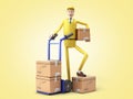 Fast delivery concept the courier on a holds a box 3d render on color gradient