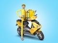 Fast delivery concept the courier on a motorcycle holds a thermal backpack 3d render on blue gradient