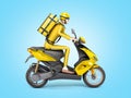 Fast delivery concept the courier on a motorcycle with thermal backpack 3d render on blue gradient Royalty Free Stock Photo