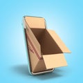 Fast delivery concept empty oprn box peep out of the screen of a mobile phone 3d render on blue gradient Royalty Free Stock Photo