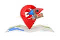 Fast Delivery Concept. Funny Rocket with Parcel Box, Folded Abstract Navigation Map and Map Pointer Pin. 3d Rendering