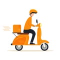 Fast delivery. Courier provides free delivery of goods or postal parcels menggunakan scooter. Vector illustration in flat style Royalty Free Stock Photo
