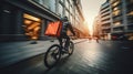 Fast delivery cyclist speeding through urban setting at dusk Royalty Free Stock Photo