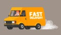 Fast delivery. The driver on the van rushes to deliver the goods to customers and quickly rides leaving a cloud of dust behind. Ve