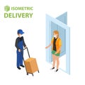 Fast delivery flat isometric vector concept. The Courier stays with the parcel near the door and gives the parcel to the