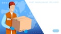 Fast delivery of goods all over the world. Delivery service worker with cardboard box in his hands on background of world map. Royalty Free Stock Photo