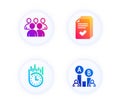 Fast delivery, Handout and Group icons set. Ab testing sign. Stopwatch, Documents example, Developers. Vector