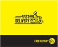 Fast delivery logo. Man riding scooter. Free delivery line icon.