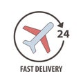 Fast delivery logo with plane in circle. Fast delivery sevice 24 hours.