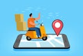 Fast delivery online concept. Courier scooter with parcel rides on smartphone screen