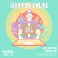 Fast delivery online shopping app by man with mask on laptop.Delivery man flat vector cartoon futuristic character restaurant