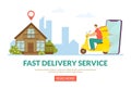 Fast delivery with online smartphone order service, web page vector illustration. Courier ride scooter to home, express Royalty Free Stock Photo