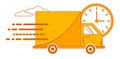 Fast delivery orange truck with clock icon symbol on a white background