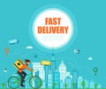 Fast Delivery order. Blue poster delivery goods. Delivery guy