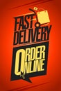 Fast delivery, order online, web banner or flyer design mockup with golden shopper bag