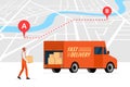 Fast delivery order service and online route tracking on city map concept. Lorry truck and male courier with package box