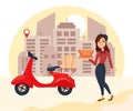 Fast Delivery pizza service by scooter with courier Girl on city background. Vector cartoon character illustration. Delivery food Royalty Free Stock Photo