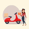Fast Delivery pizza service by scooter with courier. Vector cartoon Girl character illustration. Delivery concept. Royalty Free Stock Photo