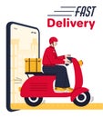 Fast delivery poster with courier scooter driving out of smartphone screen