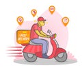 Fast delivery by scooter. Funny doodle Courier on the moto scooter delivers pharmaceuticals food flowers documents