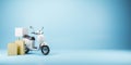 Fast delivery by scooter on mobile concept with white motorbike and craft paper bags on blank blue backdrop with copyspace for Royalty Free Stock Photo