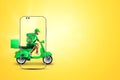 The Fast Delivery Scooter rides out of the smartphone. Delivery concept, online ordering, food delivery, last mile, template,