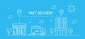 Fast delivery service door to door. Food delivery and online order concept vector for app, web. Van route linear icon Royalty Free Stock Photo