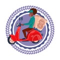 Fast Delivery Service Icon Isolated African American Woman Deliver Grocery On Retro Scooter Template Logo