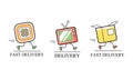 Fast Delivery Service Logo Design Set, Food, Home Appliances, Parcels Delivery Services Cartoon Vector Illustration