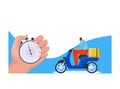 Fast delivery service, male hand hold pocket watch, postman character ride motorbike with post package flat vector