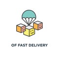 of fast delivery service, parcels delivery, happy cute packages are flying on parachutes, e icon, symbol of commerce template,,