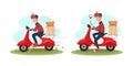 Fast Delivery service by scooter with courier. Vector cartoon man character illustration riding scooter with pizza boxes Royalty Free Stock Photo