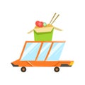 Fast Delivery Takeout Service Orange Car With Wok Fried Noodles On The Roof Going To Deliver Food Royalty Free Stock Photo
