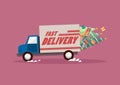 Fast delivery truck carrying christmas trees and gifts