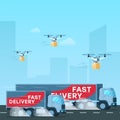 Fast Delivery Truck. Drone Flying with Package