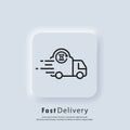 Fast delivery truck icon. Express delivery logo. Vector. UI icon. Distribution service, express transportation. Food delivery.