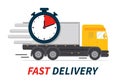 Fast delivery with truck. Timely, express moving service with timer. Order shipping on time, quick dispatch. vector illustration