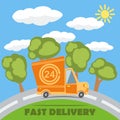 Fast delivery van truck with 24 hour vinyl logo. Vector. Royalty Free Stock Photo