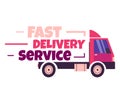 Fast delivery vector illustration. Truck with letters isolated on black. Delivery icon