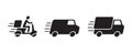 Fast delivery vehicles icon symbol. Motorcycle truck and van delivery. Silhouette flat design for apps and websites.